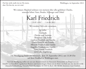 Todesanzeige von Karl Friedrich von Waiblingen